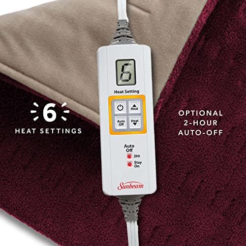 Sunbeam XL Back Neck and Shoulder Heat Therapy 12 x 24 with Auto Shut Off 6 Settings Machine-Washable Comfortable Microplush Fabric - Burgundy
