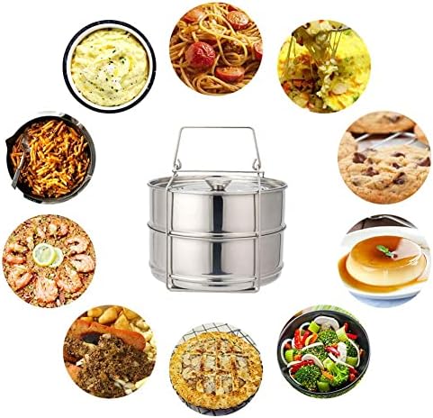 Stackable Steamer Insert Pans- Instant Pot Accessories 6 Qt-2 Silicone handle & Interchangeable Lids–Pressure Cooker Accessories- Pot in Pot for