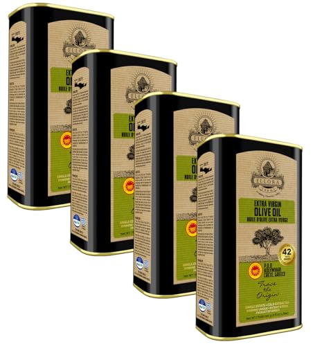 Ellora Farms, Single Estate PDO Greek Extra Virgin Olive Oil, Cold Pressed & Traceable Olive Oil, Kosher, 1 Lt Tin (33.8 oz.), Pack of 4