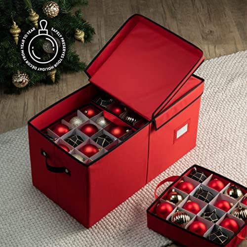 Zober Christmas Ornament Storage Box - Stores 64 Ornaments - Non-Woven, Tear- Proof Christmas Ornament Storage Containers - 3 Inch Cube Compartments - Red
