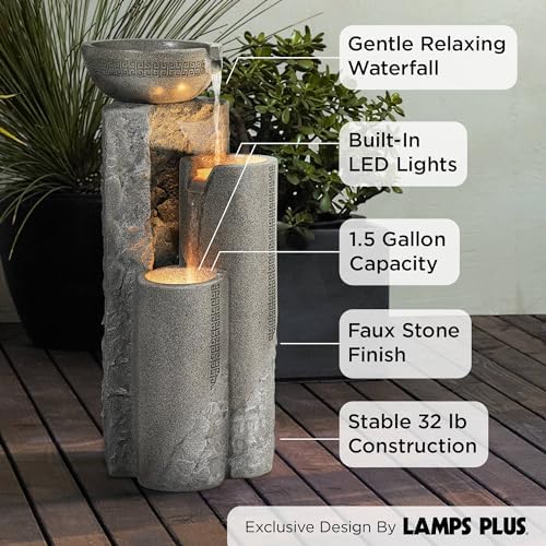 Outdoor Large Bowl and Pillar 34 1/2" High Modern Fountain with LED Lights | Zen Decor Faux Stone Floor Standing Waterfall Tiered Water Feature for