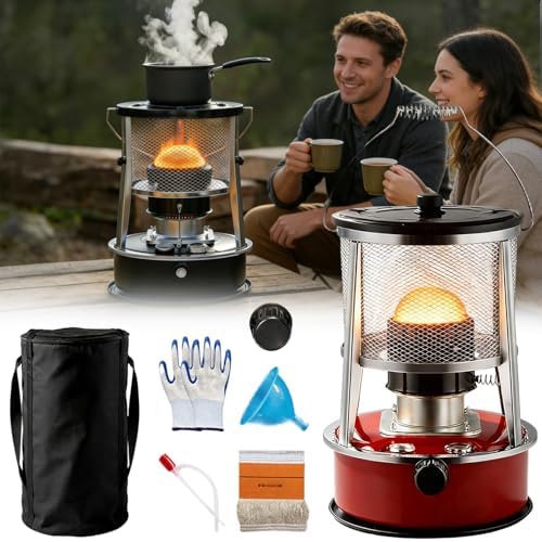 Indoor Heater Non-Electric, 9000 BTU Portable Kerosene Heater for Indoor & Outdoor Use, with Cooking Function, 6 Wicks & Bag, Height Adjustable for Camping, Emergency Heat & Survival (Black)