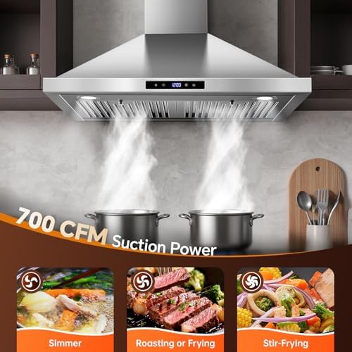 Tieasy Wall Mount Range Hood 30 inch Kitchen Hood 700 CFM with Ducted/Ductless Convertible Duct, Touch Control, Permanent Filters, Stainless Steel