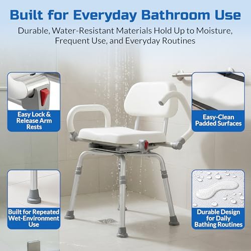 Swival Shower Chair with Padded seat for Inside ShowerFor Senior, Bath Seat | Sit Securely While Bathing - Blue, padded seat, padded armrests, swivel seat, tool-free assembly, 600 lb