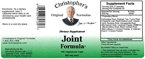 Christopher's Original Formulas Joint Formula – 100 Vegetarian Capsules – Synergistic Herbal Blend for Joint Support – Made in The USA
