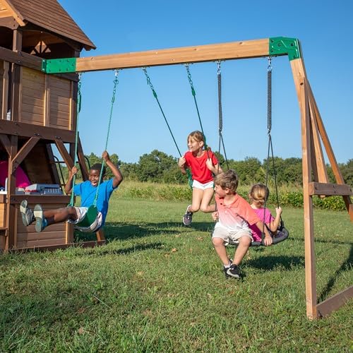 Backyard Discovery Cedar Cove Cedar Wood Swing Set with Spiral Tube Slide, Wave Slide, Clubhouse, Toy Grill, Snack Bar, Rock Wall, Belt Swings