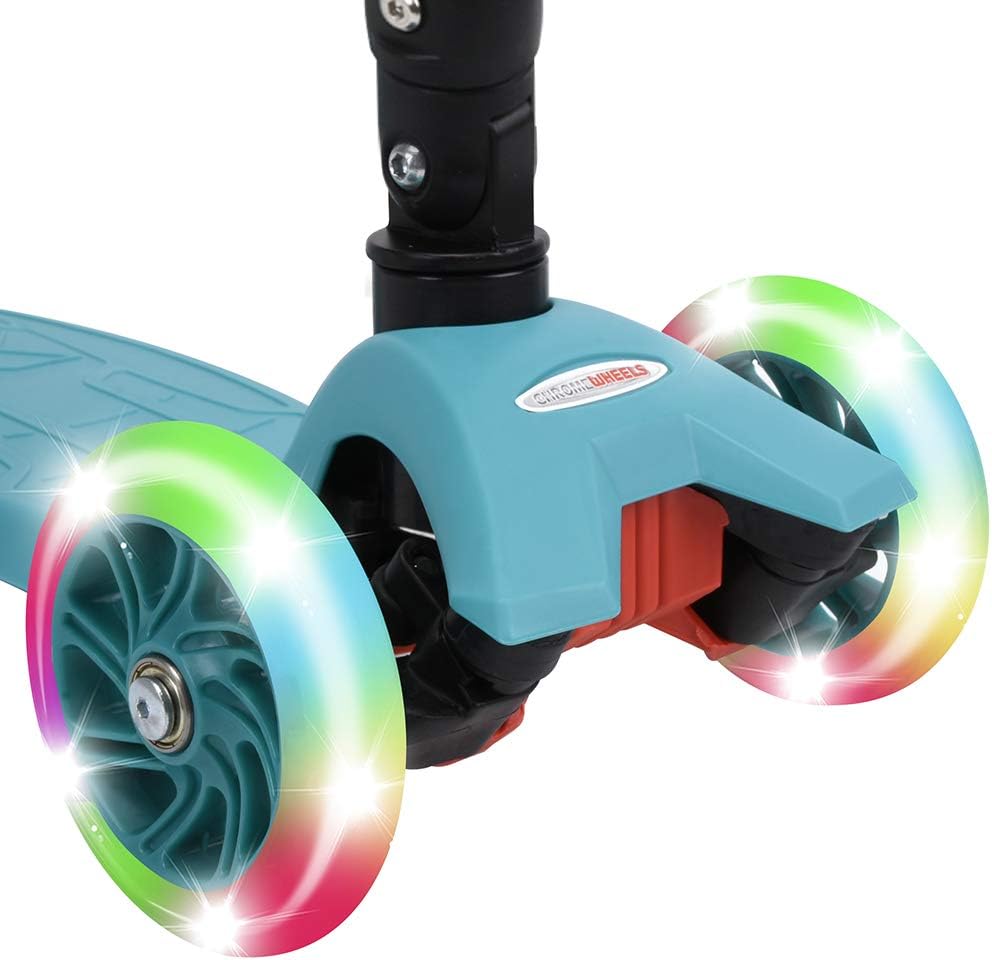 ChromeWheels Foldable Scooters for Kids, Deluxe Kick Scooter 4 Adjustable Height 132lbs Weight Limit 3 Wheel, Lean to Steer LED Light Up Wheels