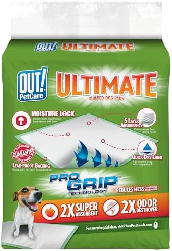 OUT! PetCare Large Dog Pee Pads, Leak Proof Training Pads, 21x21, 50 Count | Doggy Pee Pads, Leak Proof, Odor Control, Extra Absorbent, Potty Training, Housebreaking, Crate Training, Travel Use