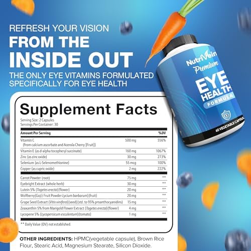 Nutrivein Lutein & Zeaxanthin Eye Vitamins with Eyebright - 60 Capsules