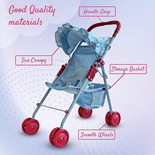 The New York Doll Collection My First Doll Stroller with Basket & Heart Design Foldable Doll Stroller, Pink