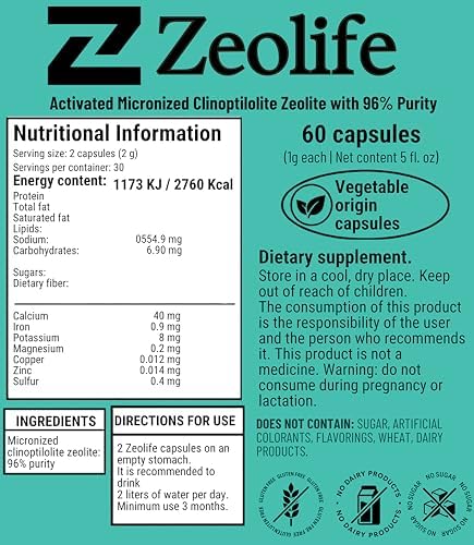 Zeolite Clinoptilolite Capsules Micronized Activated Volcanic Mineral Supplement Food Grade 96% Pure Formula 60 Count 1g Vegan Gluten Free