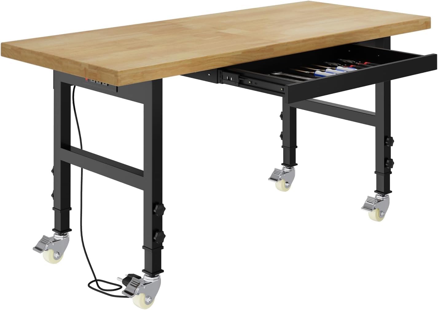 48" Heavy Duty Work Bench with Drawers, Adjustable Height Workbench with Wheels, 2000 LBS Capacity Work Table with Power Outlets for Garage, Workshop, Office, Home