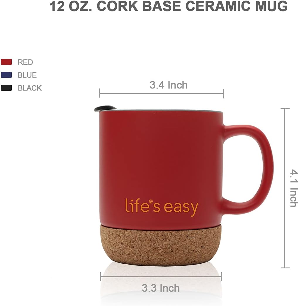 Life's Easy 12 oz Coffee Mug with Insulated Cork Bottom and Push-On Splash-Proof Lid - Black