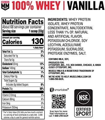 Muscle Milk 100% Whey Protein Powder, Vanilla, 5 Pound, 68 Servings, 25g Protein, 2g Sugar, Low in Fat, NSF Certified for Sport, Energizing Snack, Workout Recovery, Packaging May Vary