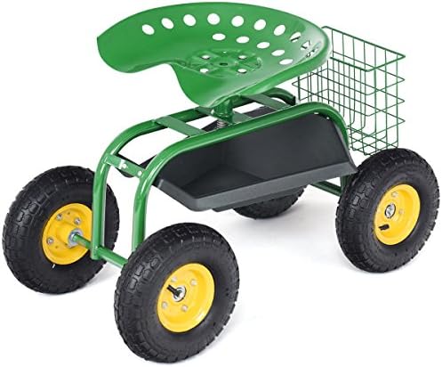 Giantex Rolling Garden Work Seat, 360 Swivel Gardening Workseat with Wheels, Tool Basket, Adjustable Height, Outdoor Scooter for Sitting, Gardening Stool Chair for Planting Trimming, Red
