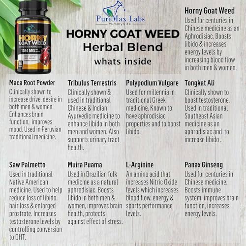 YUMMYVITE Horny Goat Weed Extra Strength Blend, w. Maca, Arginine, Ginseng, Tribulus, Tongkat, Libido, Stamina, Energy Support, Non-GMO Formula