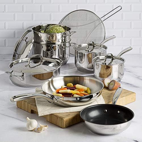 Goodful 12-Piece Classic Stainless Steel Cookware Set with Tri-Ply Base for Even Heating, Durable, Impact Bonded Pots and Pans