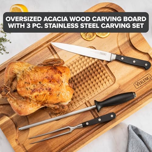 Viking Cutting Board, Acacia Wood Kitchen Butcher Block Carving Board with Juice Groove and Metal Handles, 23 x 14 x 1 Inch