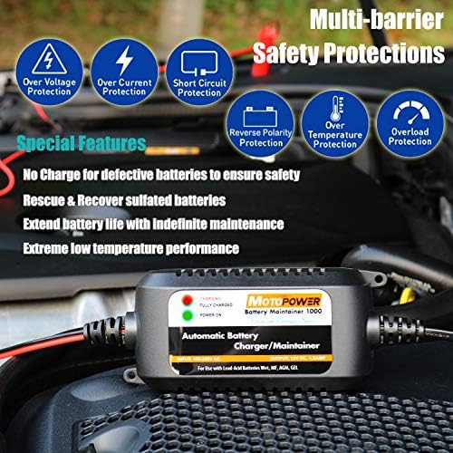 MOTOPOWER MP00206A 12V 1.5Amp Automatic Battery Charger, Battery Maintainer for Cars, Motorcycles, ATVs, RVs, Powersports, Boat and More