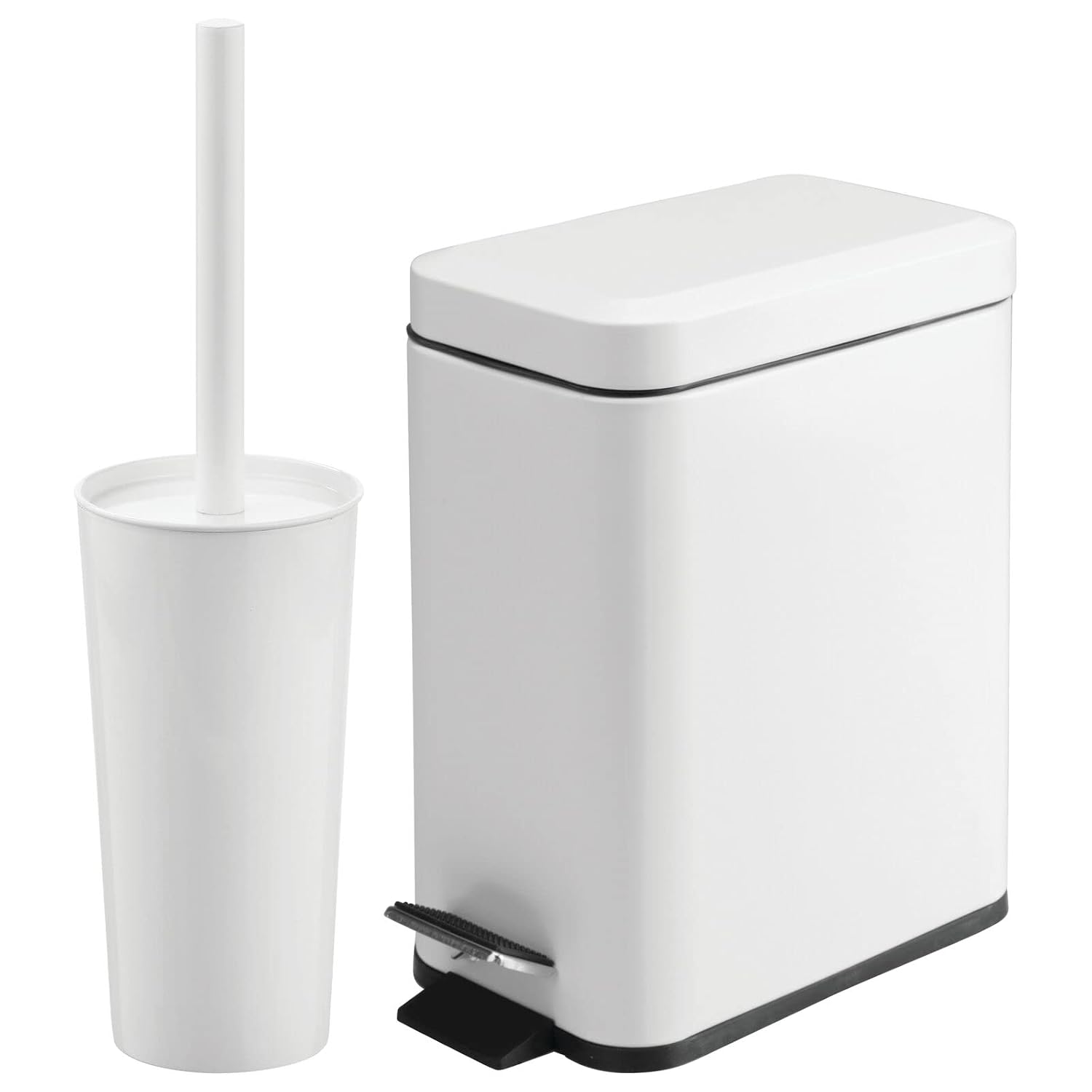 mDesign Metal Freestanding Slim Toilet Bowl Brush and Holder + Rectangle Narrow 5 Liter / 1.3 Gallon Step Pedal Trash Can Wastebasket for Bathroom