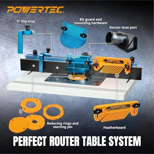 POWERTEC Benchtop Router Table w/Metal Stand and Adjustable Fence Set – 24" x 16" Laminated MDF Top, Aluminum Insert Plate, 2-1/2" Dust Port