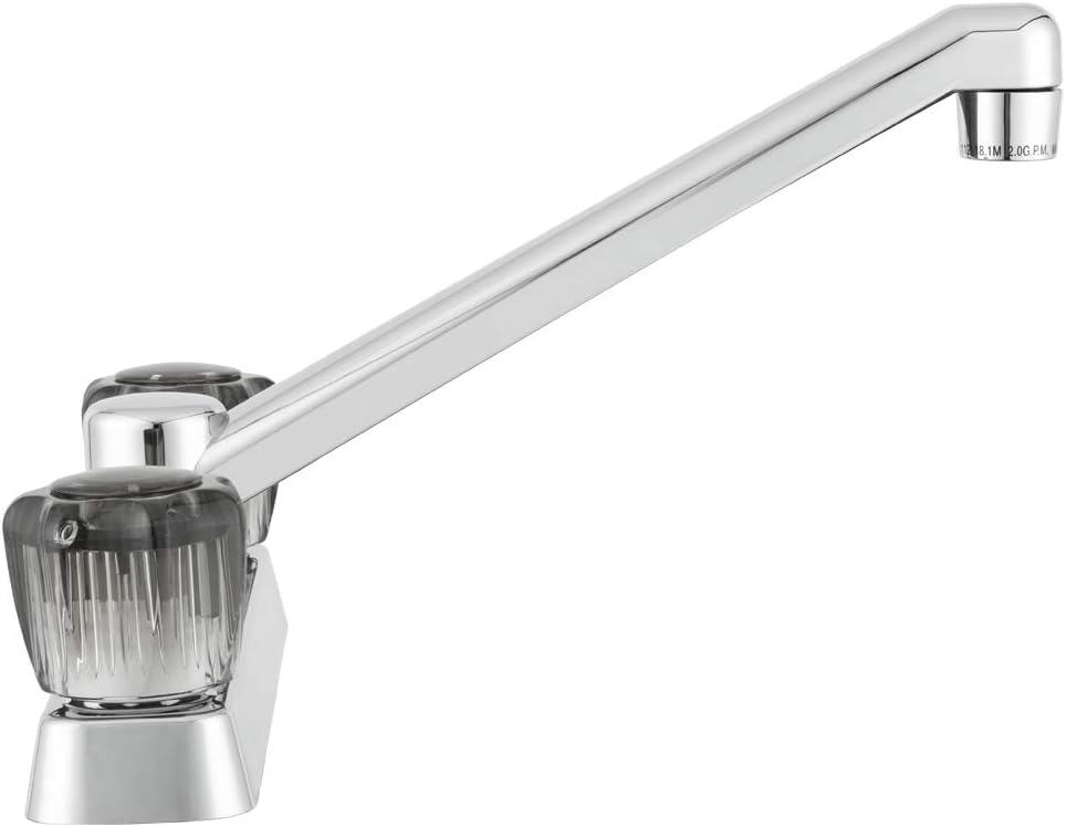 Dura Faucet DF-PK600S-BQ RV Two Handle Kitchen Sink Faucet (Bisque) | Smoked acrylic knobs give smooth, precise control of flow. Bisque Parchment. Plated ABS plastic (not metal).