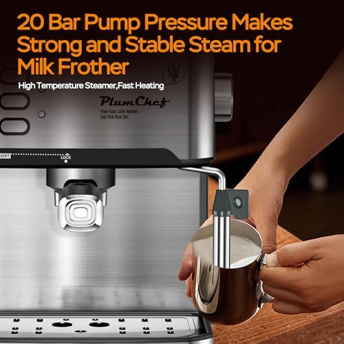 Plum chef Espresso Machine 20 Bar, Household Coffee Maker with Milk Frother Steam Wand, Pressure Gauge, 54oz Large Water Tank, Low Noise Fast Brew for Cappuccino Latte Macchiato Home Office