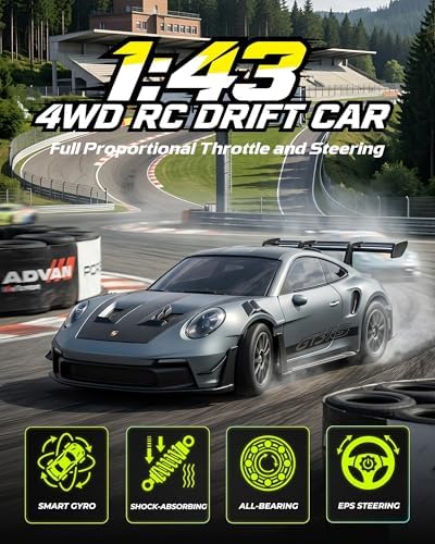 ARRIS 1/43 911 RC Drift Car 4WD with Gyro Full Proportional RTR | Alloy Body, 20KM/H Speed, Extra Drift Tires, Silent Bearings, LED Lighting