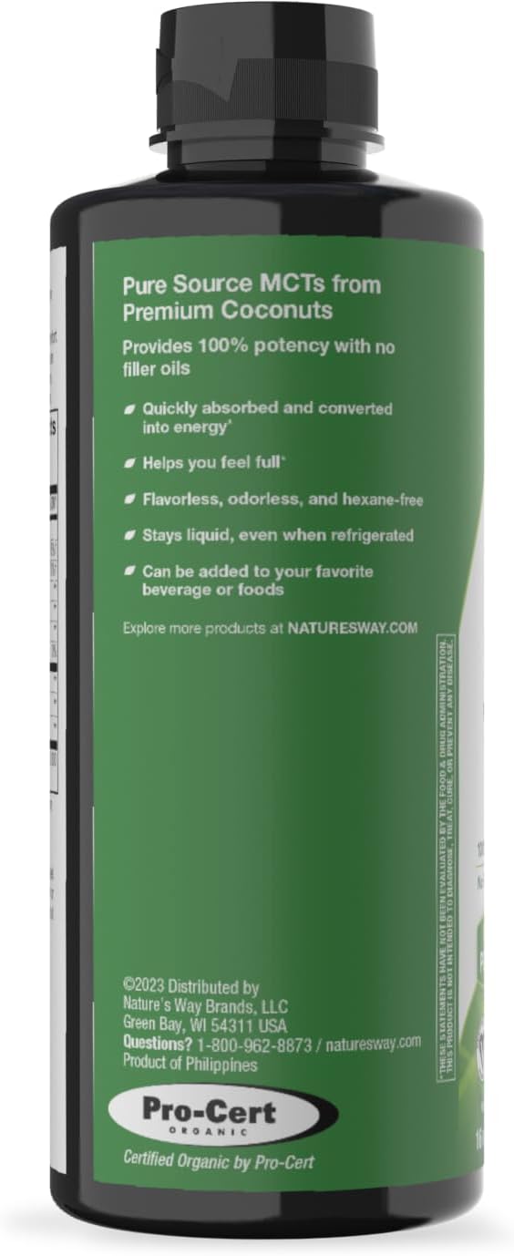Nature's Way Organic MCT Oil, Brain and Body Fuel*, Keto & Paleo, 16 Fl Oz | Liquid Coconut MCT Oil with C8 Caprylic & C10 Capric Acids, 14 g Medium Chain Triglycerides per Serving, Non-GMO