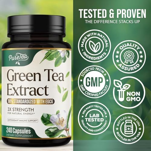 Green Tea Extract 1000mg Per Serving - 98% Polyphenols & 45% EGCG Capsules, Heart Support with Antioxidants - 3X Absorption Green Tea Pills Supplement, Natural Energy, Gentle Caffeine - 240 Capsules