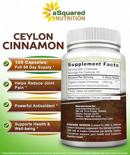 Natural Ceylon Cinnamon 1200mg Per Serving - 120 Capsules, True Cinnamon from Sri Lanka, Extract Supplement Pills Promotes Heart Health