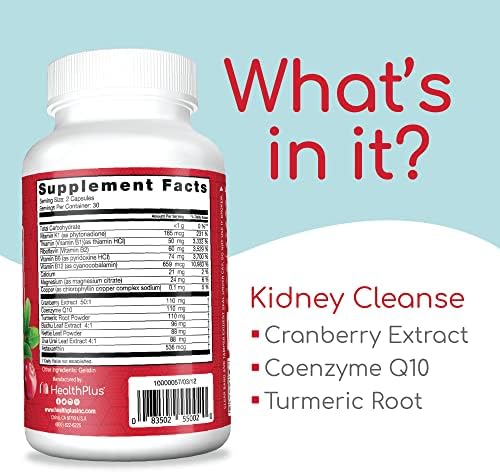 Health Plus Advanced Kidney Cleanse with Cranberry Extract, Turmeric Root and CoQ10, Helps Support Healthy Kidney Function & Urinary Tract Wellness