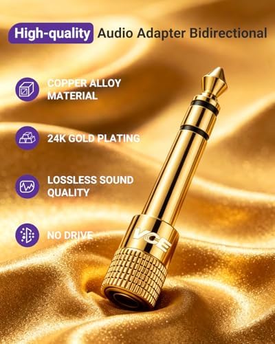 VCE 3.5mm to 1/4 Adapter Stereo Headphone Adapter, 24K Gold-Plated, 2-Pack | Seamless Audio Connection, Premium Sound Fidelity, Secure TRS Connection for Aux Cable, Guitar Amplifier, Headphone