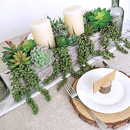 4 pcs Artificial Hanging Succulents Faux Burro's Tail Picks Trailing String of Pearls Succulent Fake Greenery Sprays 13.4" L for Basket Planter