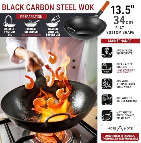 YOSUKATA 13.5" Pre-Seasoned Flat Bottom Black Carbon Steel Wok for Stir Fry