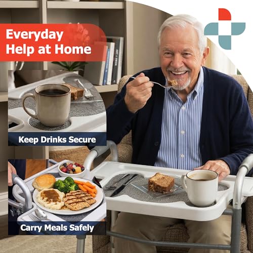 Sammons Preston Standard Walker Tray, Clip-On Surface with Cup Holders, Lightweight Raised-Edge Design for Bariatric Walkers, Stable Dining and Utility Support for Seniors and Mobility Aid Users