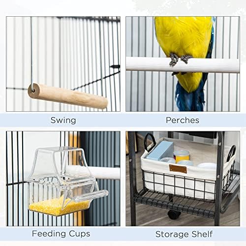 Pawhut 45-inch Metal Indoor Bird Cage, Parrot Cage, Bird Aviary with Detachable Rolling Stand, Storage Basket, and Accessories - Black | Parrot Cage
