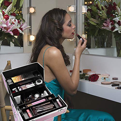 mefeir 3 in 1 Rolling Makeup Train Case, Aluminum Makeup Travel Organizer Cosmetic Case, Cosmetology Display Suitcase on Wheels, Beauty Storage Luggage Lockable w/4 Removable Wheels, Black