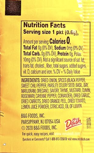 Mrs. Dash Original Blend Seasoning Blend, Salt Free, No MSG, 02 Oz, 50 Packets