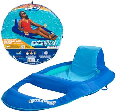 SwimWays Spring Float Recliner Chair for Swimming Pool, Inflatable Pool Floats Adult with Fast Inflation, Cup Holder & Foot Rest for Ages 15 & Up