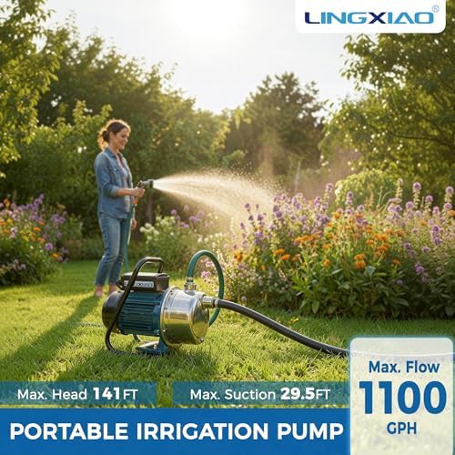 1HP Irrigation Pump, 1110 GPH, Portable Shallow Well Pump, 115V, 141 FT Height, Stainless Steel Sprinkler Pumps for Garden Lawn Farm Irrigation System