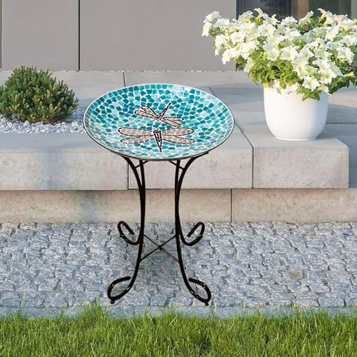 Alpine Corporation 24" Tall Outdoor Floral Mosaic Glass Birdbath with Metal Stand and Detachable 18 Inch Diameter Bowl, Garden Decor