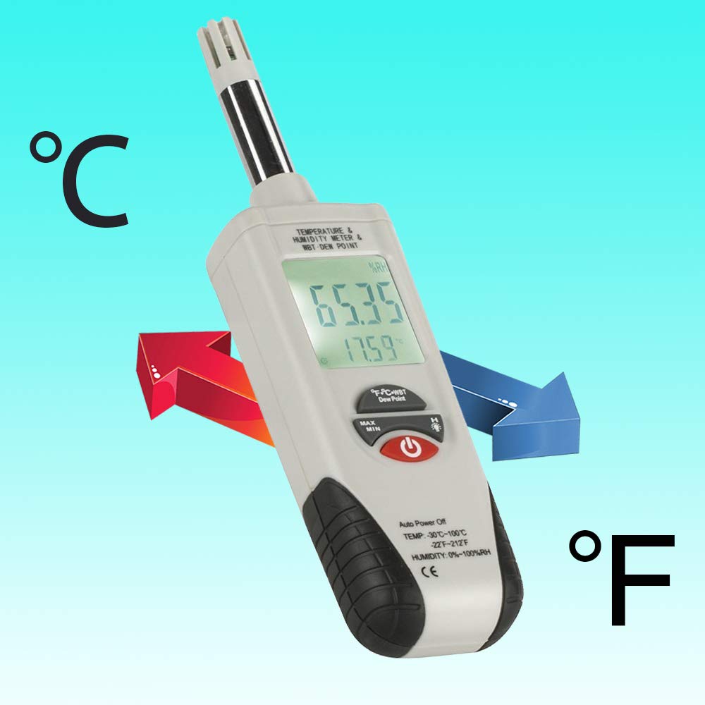 Mengshen Digital Psychrometer Handheld Temperature Humidity Meter Gauge | Backlight, Dew Point, Wet Bulb Temperature, Battery Included