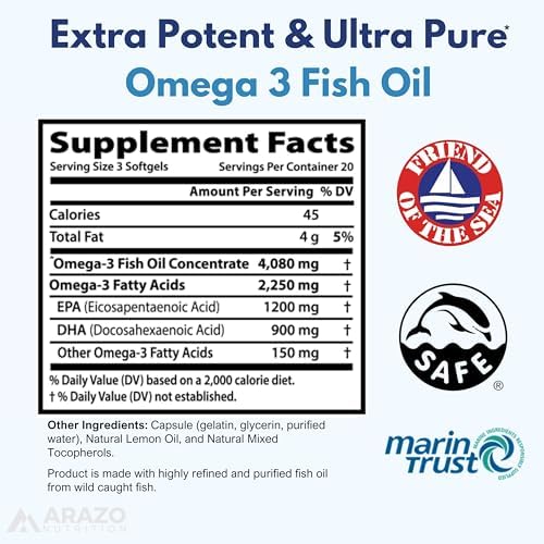 Arazo Nutrition Wild Caught Omega-3 Fish Oil Concentrate – 4,080mg per Serving – High EPA 1200mg & DHA 900mg – 120 Burpless Lemon Softgels