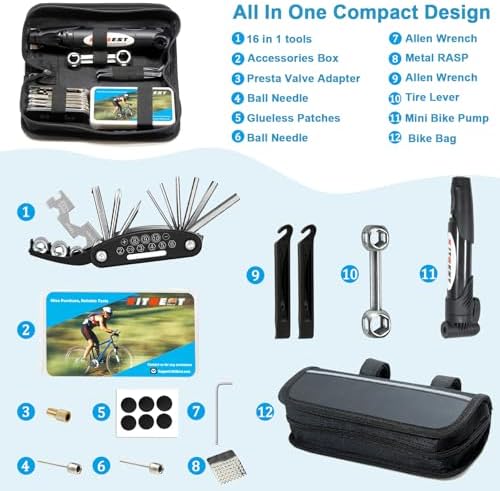 Bike Repair Bag with Tire Pump and Portable Bicycle Kit for Camping Travel | All in One Tool kit, 16 in 1 Bike Multitool, Bike Glueless Patches, Bicycle Tire Repair Kit, Fits Mountain & Road Bike