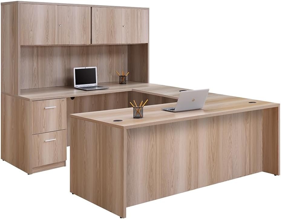 NBF U-Shaped Desk Reversible Workstation with Hutch & Storage, 71" W, Tan