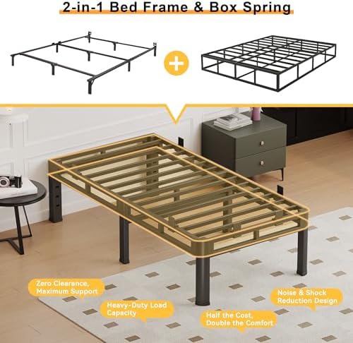 Full Size Bed Frame Metal,14 Inch Heavy Duty Double Layer Platform Black | Easy Assembly,Noise Free,4000lbs Capacity,6 Mattress Stoppers,Round Corner Legs,Headboard Holes,Anti-Slip Rubber Foot Pads