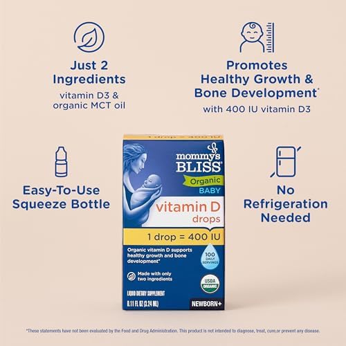 Mommy's Bliss Organic Baby Vitamin D Drops, No Artificial Color, 0.11 Fl Oz | Vitamin D3 that promotes healthy growth and bone development in newborns and up; 100 servings per pack