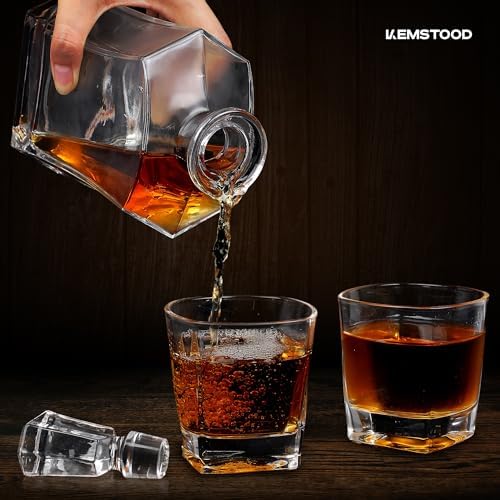 Kemstood Whiskey Decanter Sets for Men - Etched World Globe Design with Wood Stand & 2 Glass - Ideal for Dignified Drinking, Home Decor - Unique Whiskey Gifts for Men - 28 oz / 850 ml Capacity