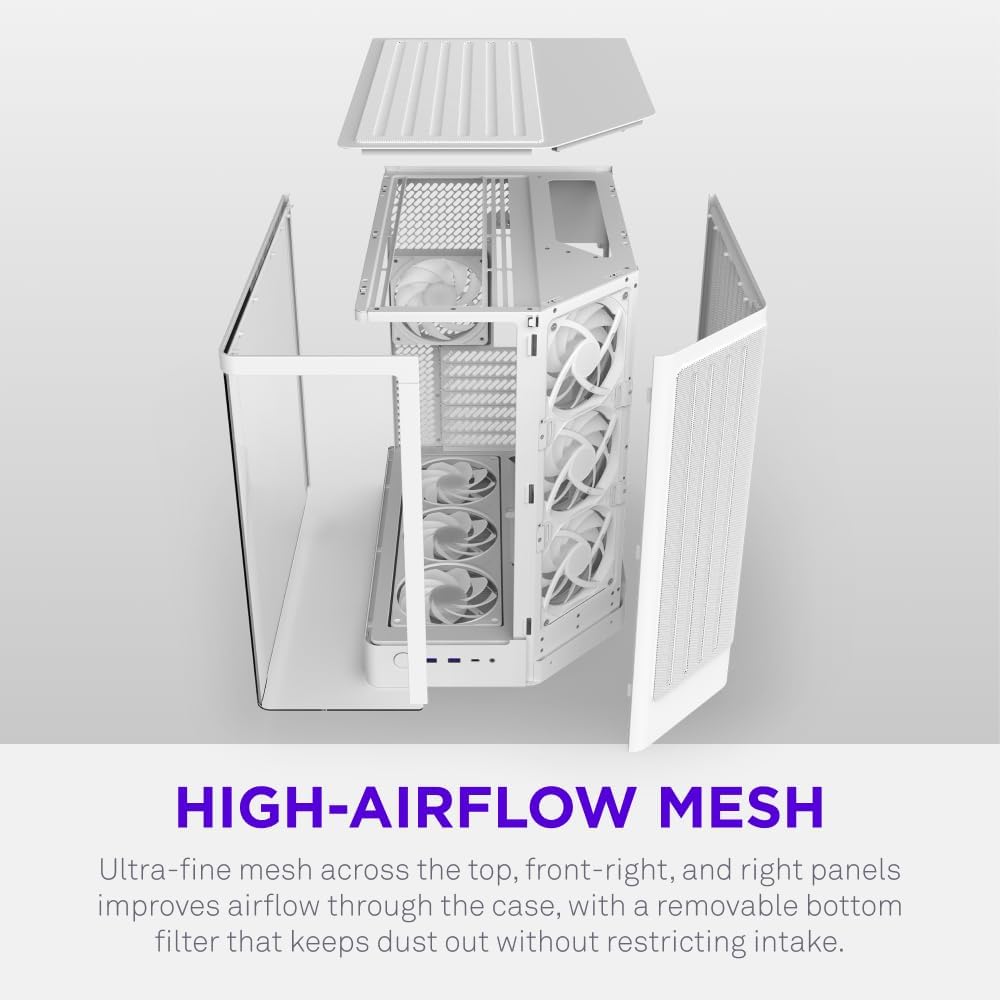 NZXT H6 - Compact Dual-Chamber ATX PC Case - White | Dual-chamber ATX case supporting up to 10 120mm fans and 360mm radiators, with back-connect motherboard compatibility.